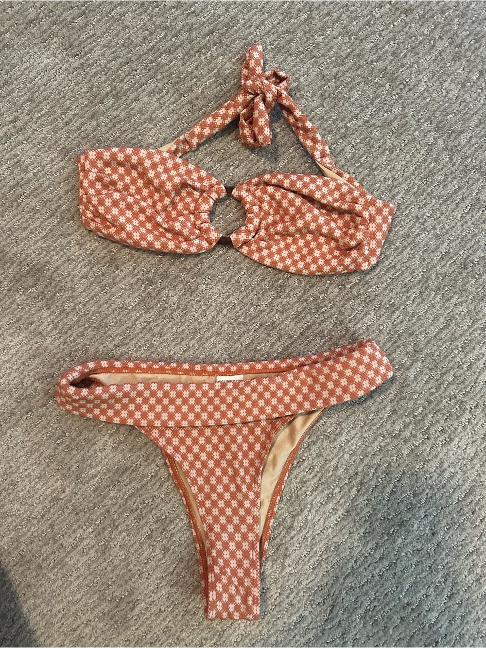 Rust Ditsy Ring-Front Bikini Set - Women's Swim